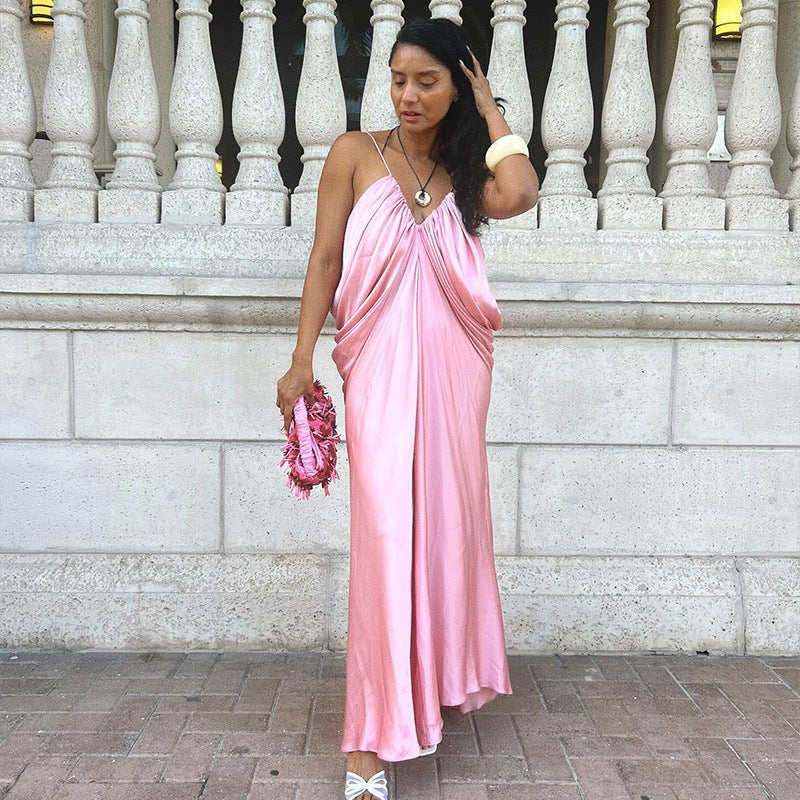 Camila Elegant Satin Maxi Dress in Pink