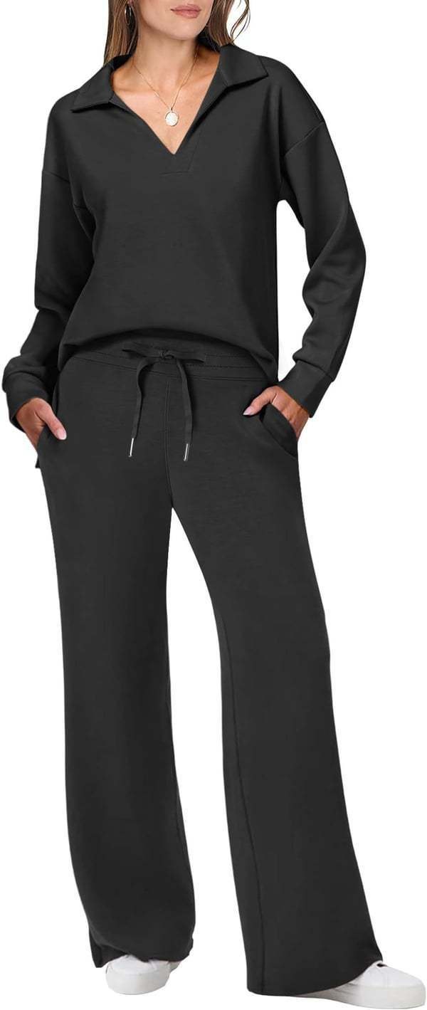 Camille Casual Set with V-Neck in Black