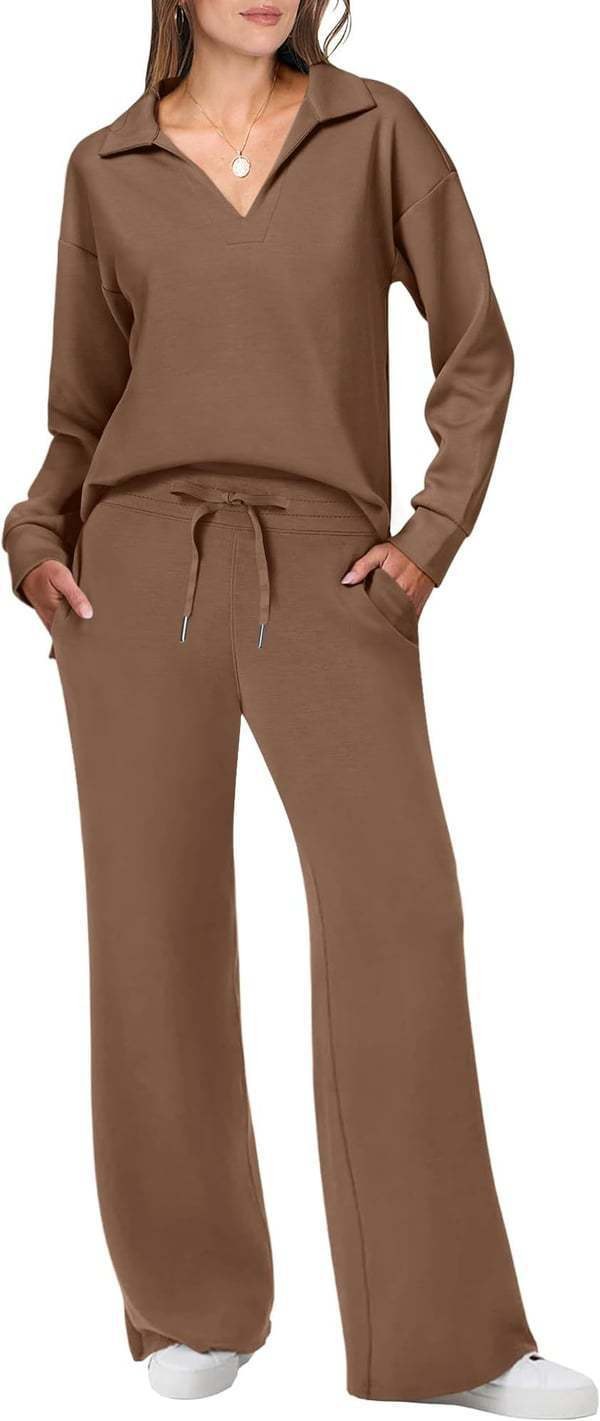 Camille Casual Set with V-Neck in Brown