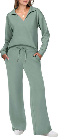 Camille Casual Set with V-Neck in Green