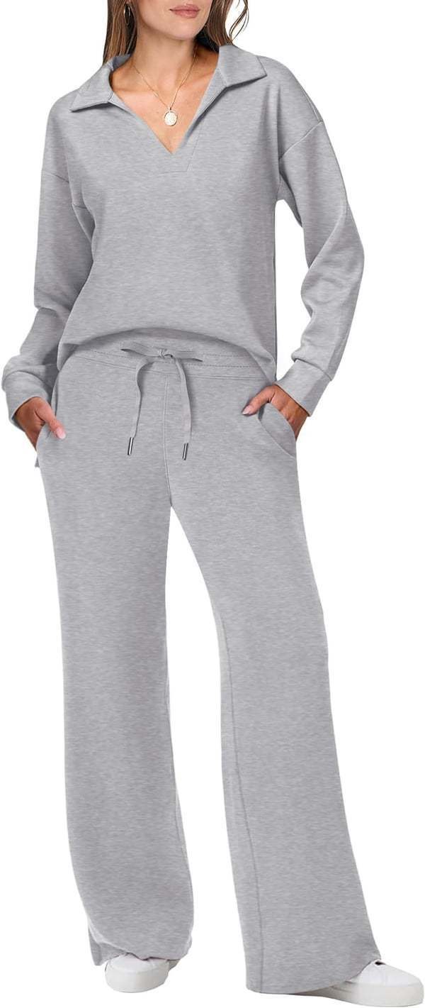 Camille Casual Set with V-Neck in Grey