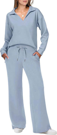 Camille Casual Set with V-Neck in Light Blue