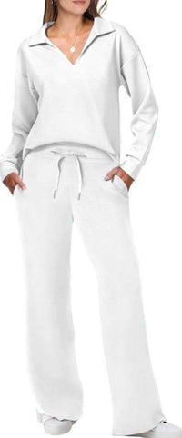 Camille Casual Set with V-Neck in White
