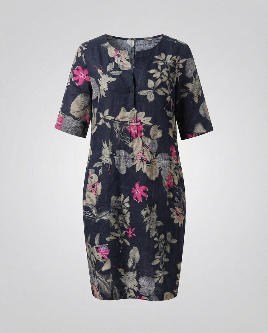 Camille Linen Midi Dress in Navy