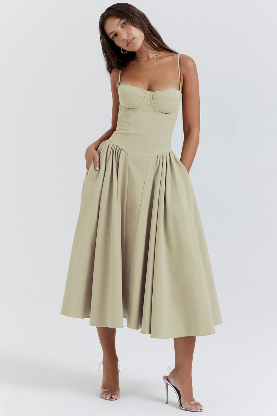 Camille Midi Dress in Khaki