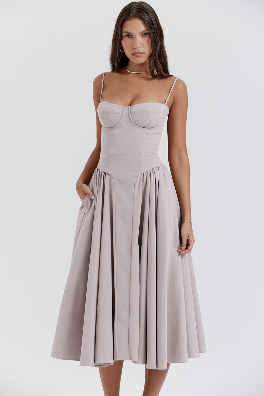 Camille Midi Dress in Light Grey