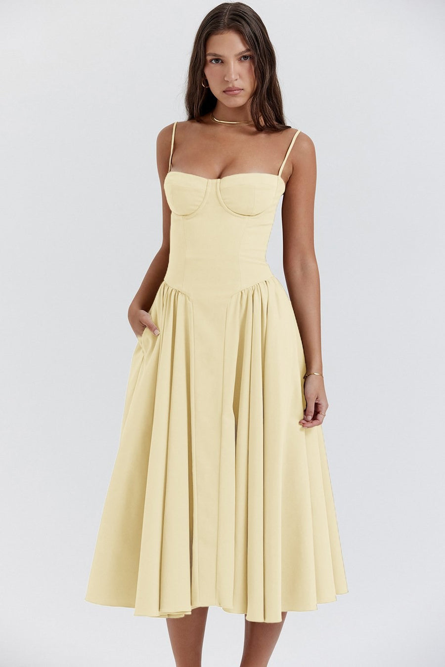 Camille Midi Dress in Light Yellow