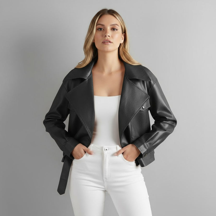 Canella Cropped Leather Trench Jacket in Charcoal