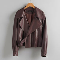 Canella Cropped Leather Trench Jacket in Espresso Brown