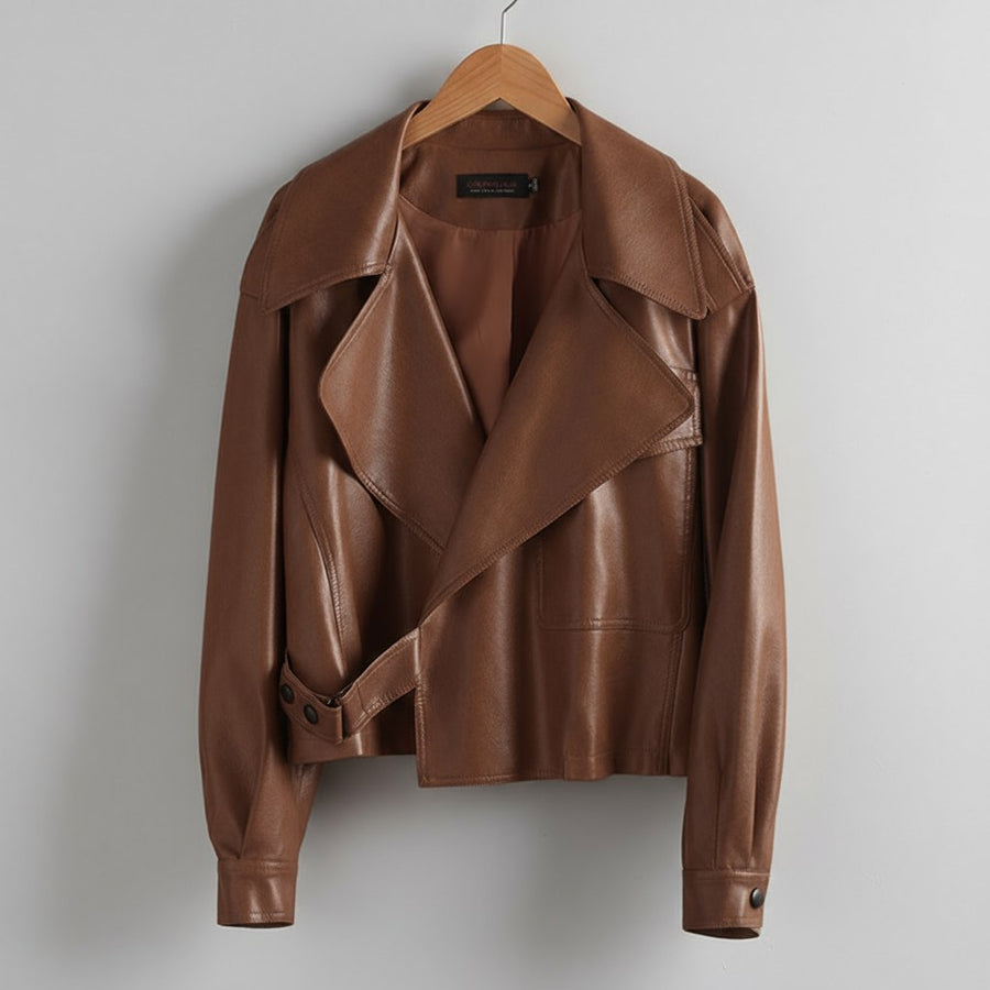 Canella Cropped Leather Trench Jacket in Espresso Brown
