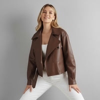Canella Cropped Leather Trench Jacket in Espresso Brown