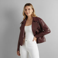Canella Cropped Leather Trench Jacket in Maroon