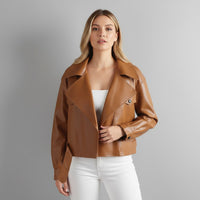 Canella Cropped Leather Trench Jacket in Sienna Brown