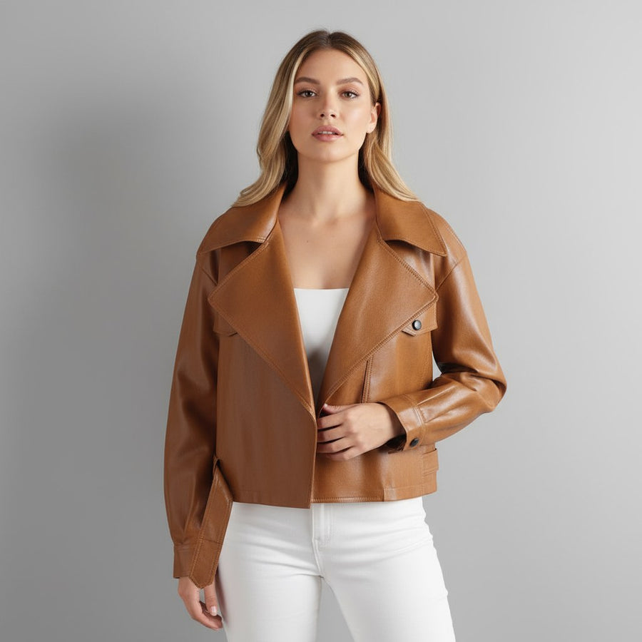 Canella Cropped Leather Trench Jacket in Sienna Brown