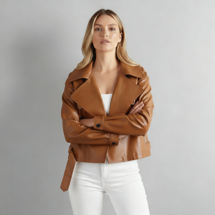 Canella Cropped Leather Trench Jacket in Sienna Brown