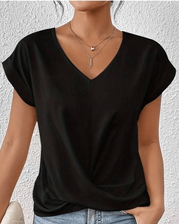 Cara Women's V-Neck Twist Hem Top Short Sleeve Casual Summer T-Shirt in Black