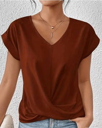 Cara Women's V-Neck Twist Hem Top Short Sleeve Casual Summer T-Shirt in Brown