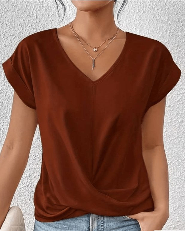 Cara Women's V-Neck Twist Hem Top Short Sleeve Casual Summer T-Shirt in Brown
