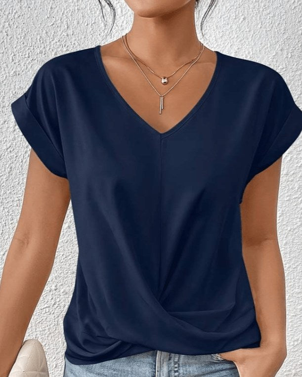 Cara Women's V-Neck Twist Hem Top Short Sleeve Casual Summer T-Shirt in Navy