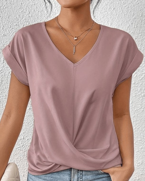 Cara Women's V-Neck Twist Hem Top Short Sleeve Casual Summer T-Shirt in Pink