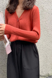 Cardigan Button with Ribbed V Neckline