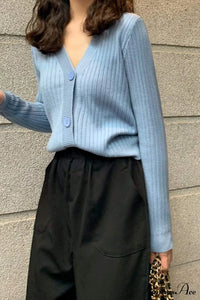 Cardigan Button with Ribbed V Neckline