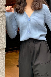 Cardigan Button with Ribbed V Neckline