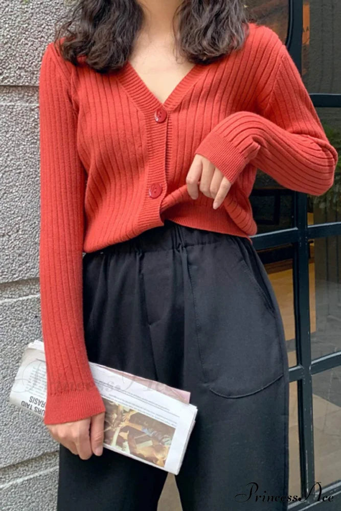 Cardigan Button with Ribbed V Neckline