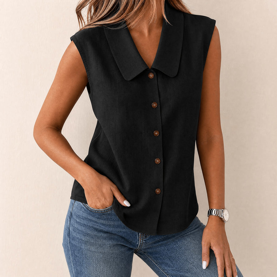 Carinda Women's Sleeveless Collared Button-Up Blouse in Black