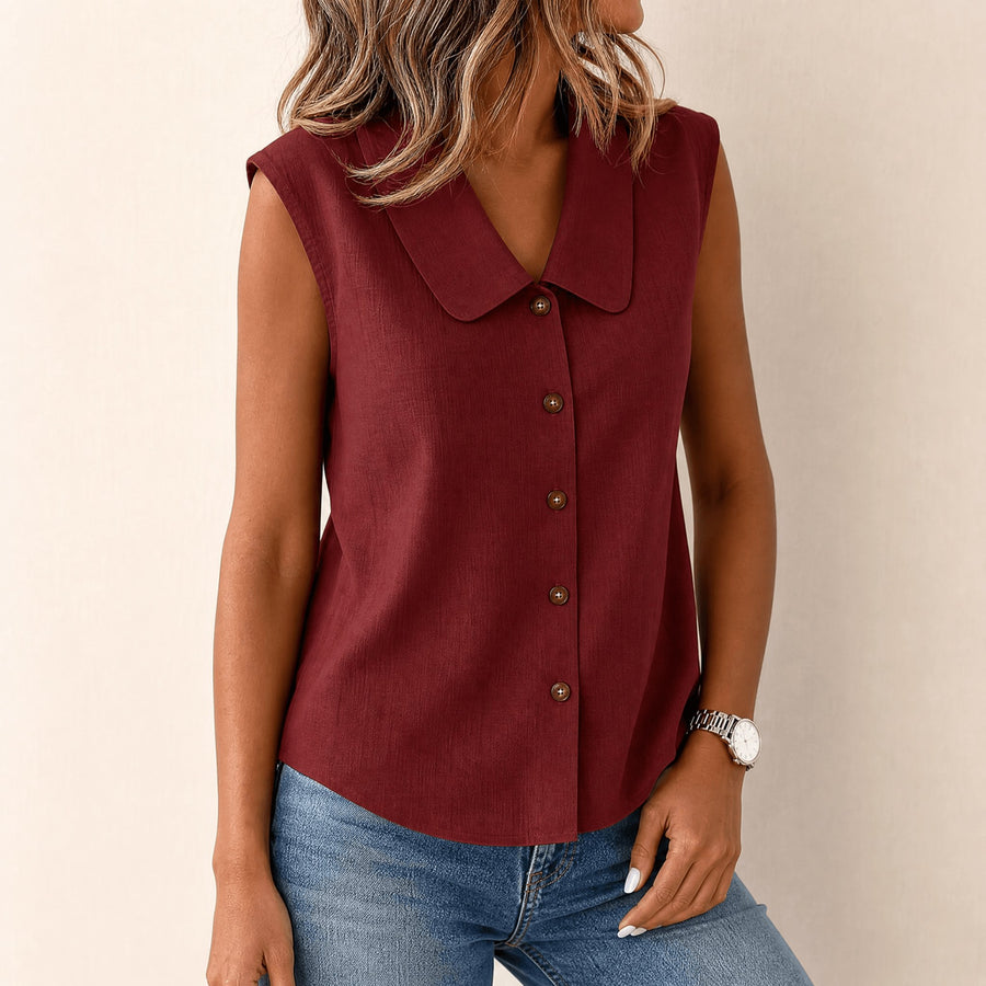 Carinda Women's Sleeveless Collared Button-Up Blouse in Wine Red