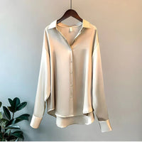Carine Women's Long Sleeve Collared Button Down Blouse in Beige