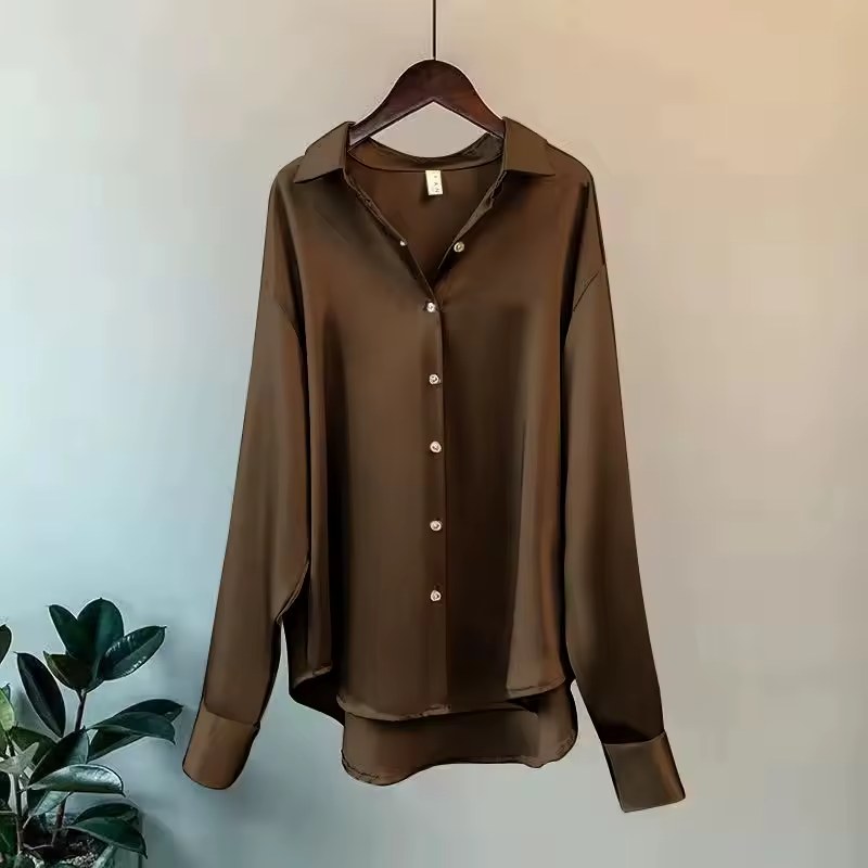 Carine Women's Long Sleeve Collared Button Down Blouse in Brown