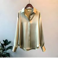 Carine Women's Long Sleeve Collared Button Down Blouse in Green