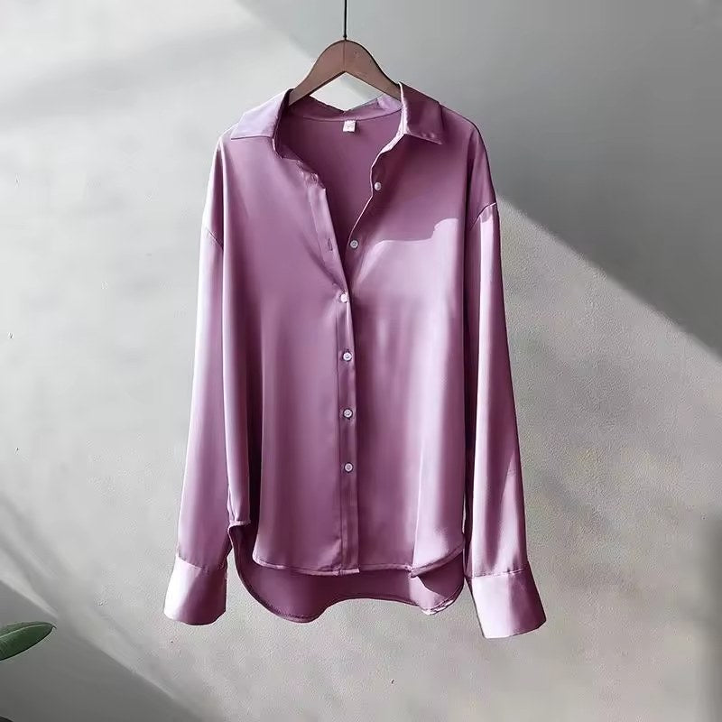 Carine Women's Long Sleeve Collared Button Down Blouse in Purple