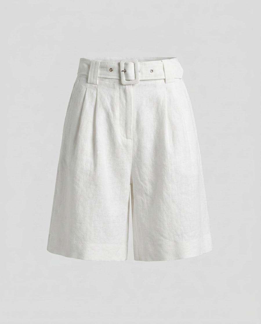 Carmen Elegant Linen Shorts with Belted in Beige