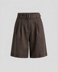 Carmen Elegant Linen Shorts with Belted in Dark Brown