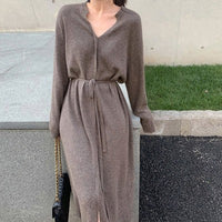 Carmen Knit Dress with V-Neck and Belted in Mocha
