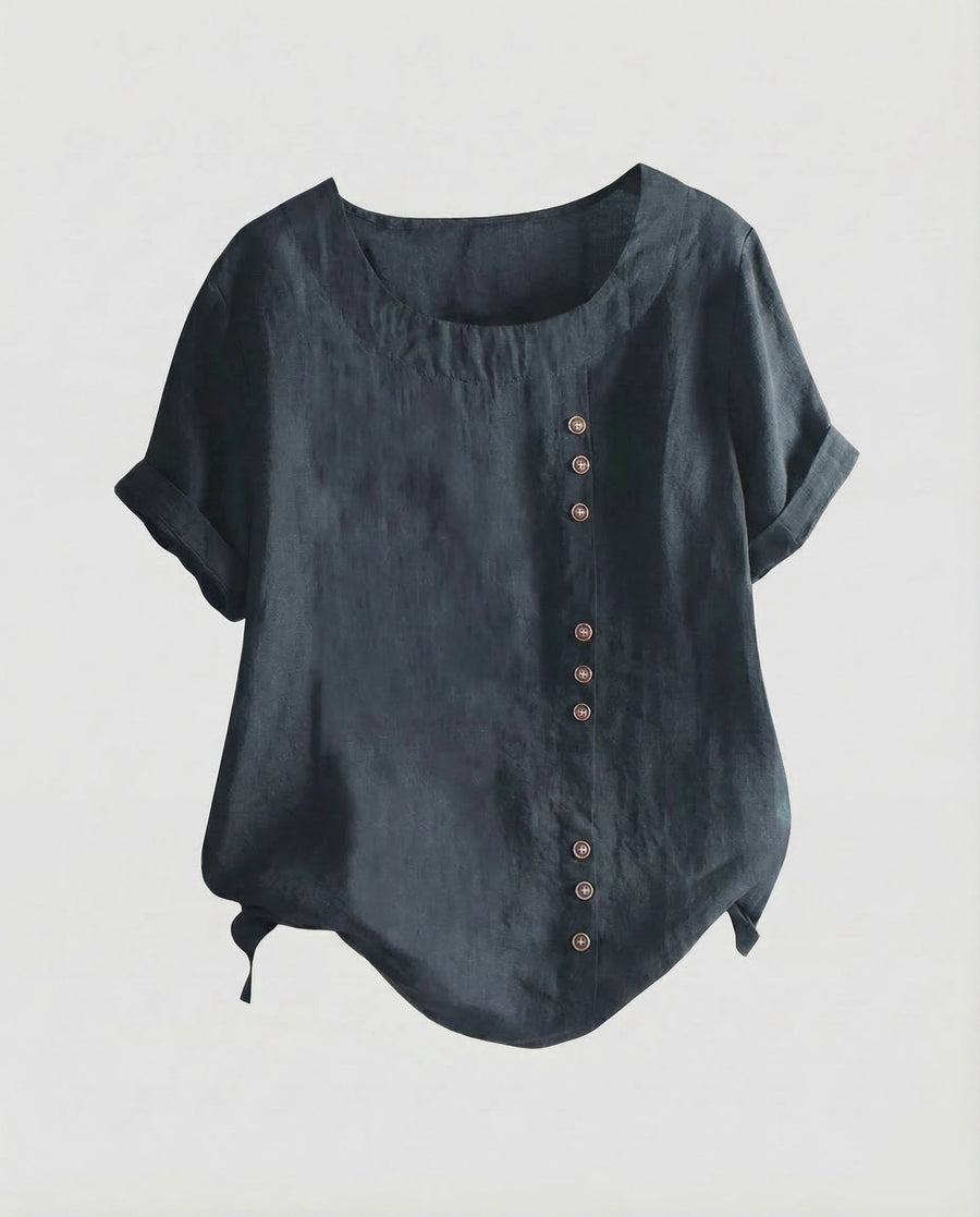 Carmen Linen Tunic with Short Sleeve and Button Front in Navy