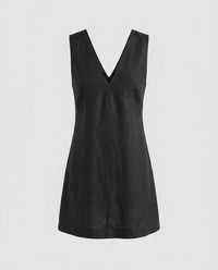 Caro Elegant Linen Mini Dress with V-Neck in Black