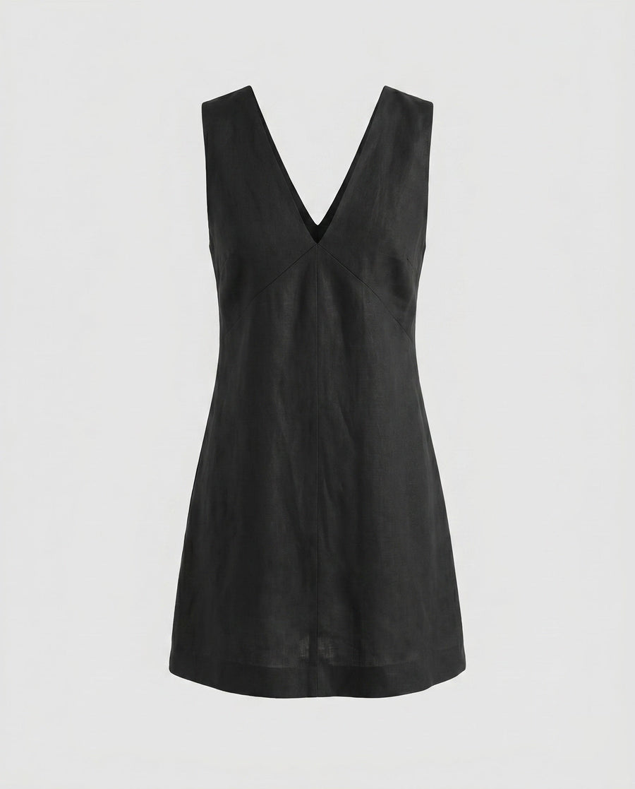Caro Elegant Linen Mini Dress with V-Neck in Black