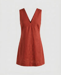 Caro Elegant Linen Mini Dress with V-Neck in Rostrot