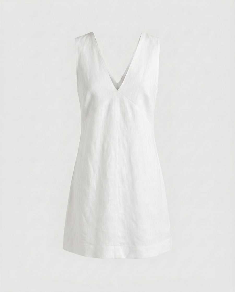 Caro Elegant Linen Mini Dress with V-Neck in White