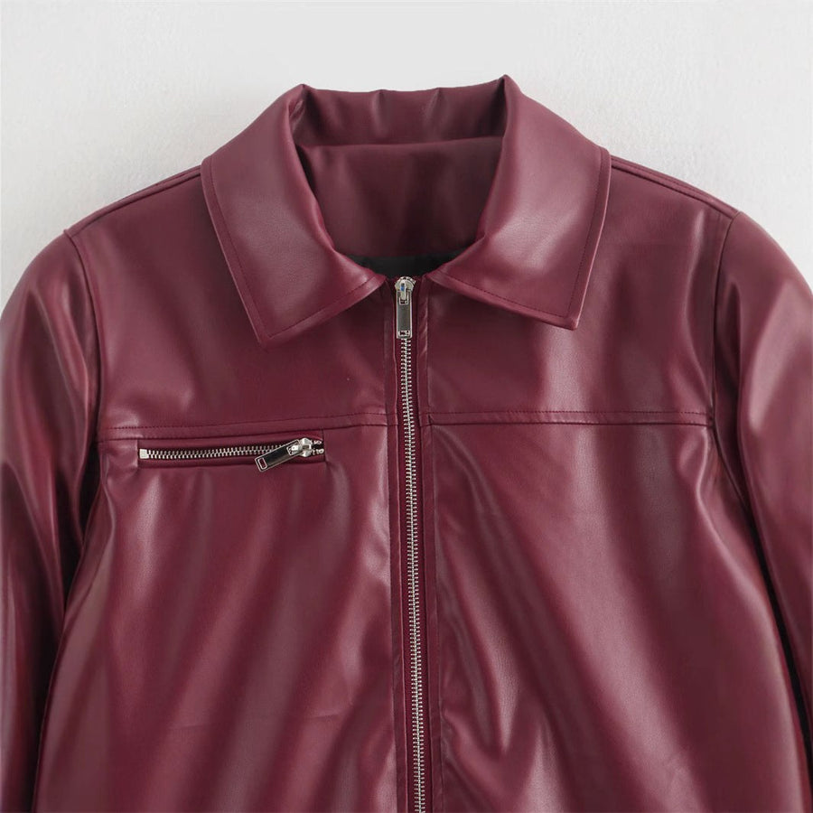 Caro Leather Jacket with Stand Collar and Zip Front