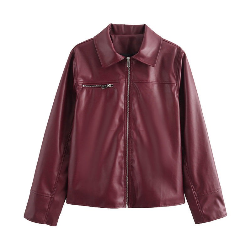 Caro Leather Jacket with Stand Collar and Zip Front in Wine Red