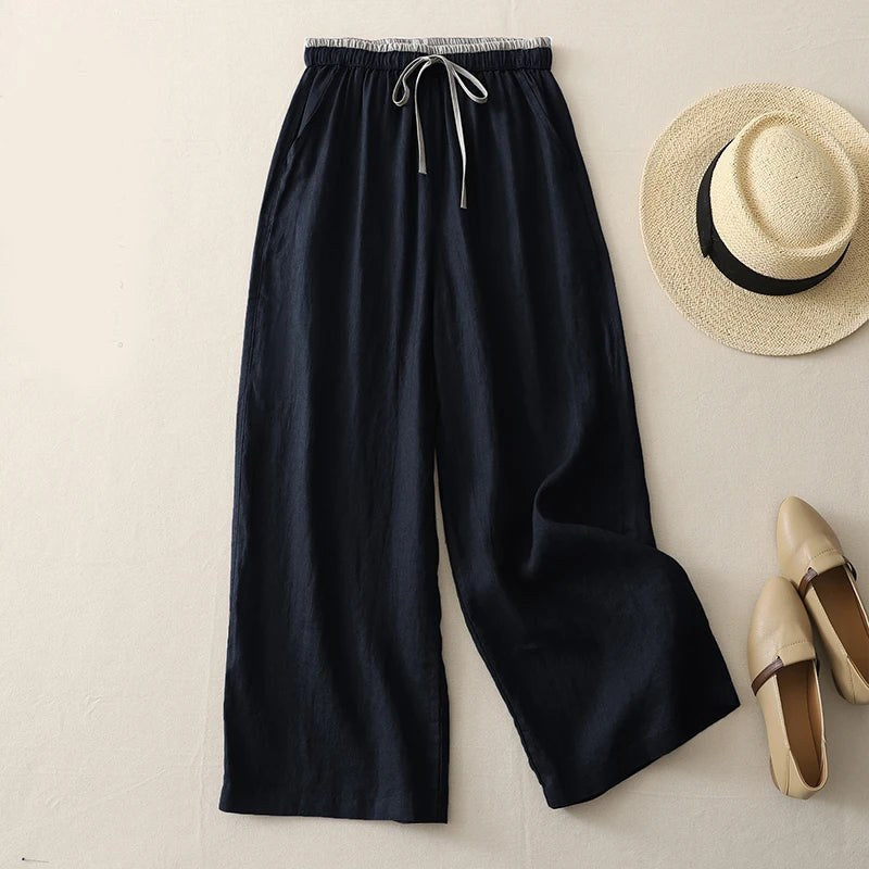 Caroline Linen Blend Pant in Navy Blue