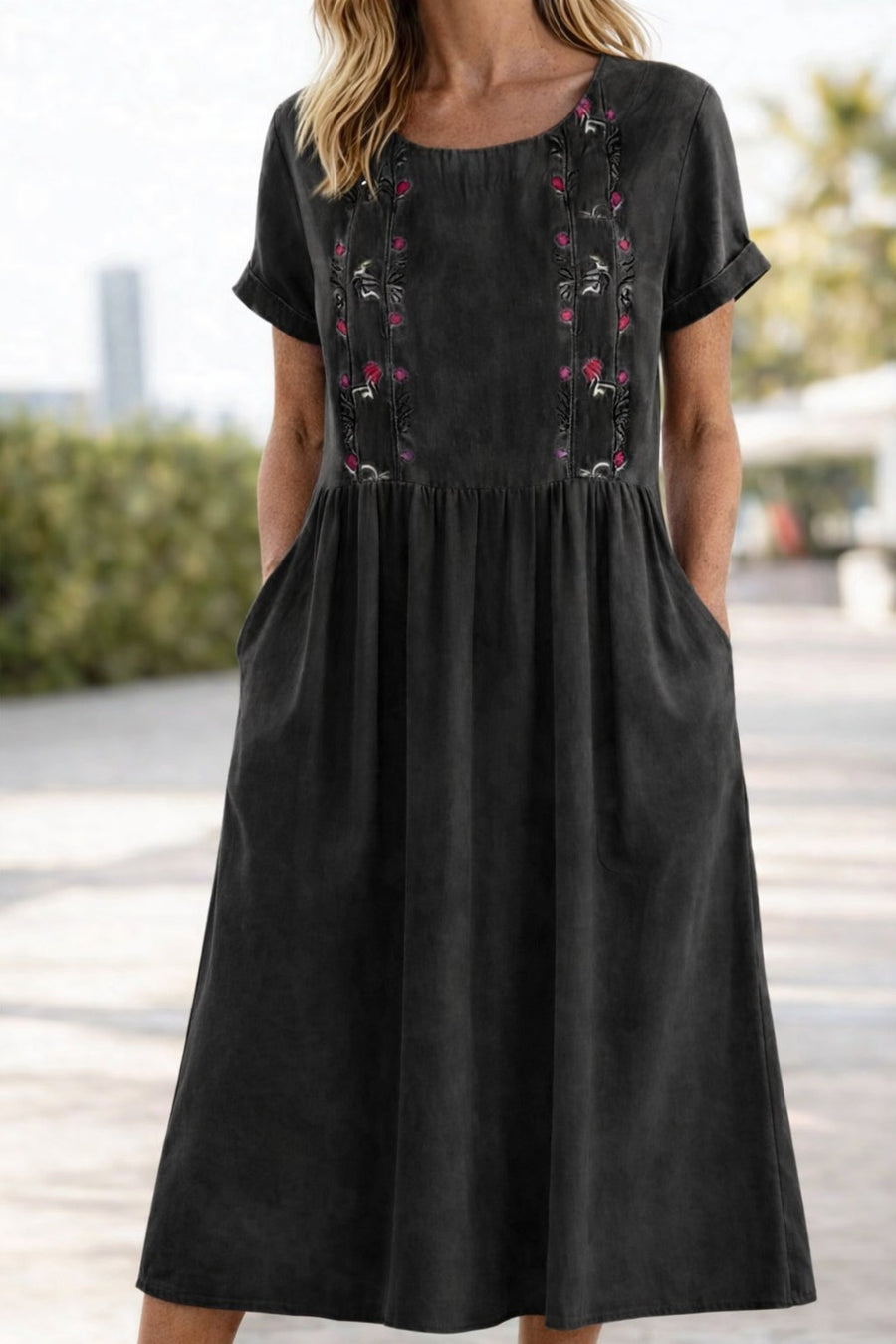 Carvena Women's Linen Summer Dress Midi in Black