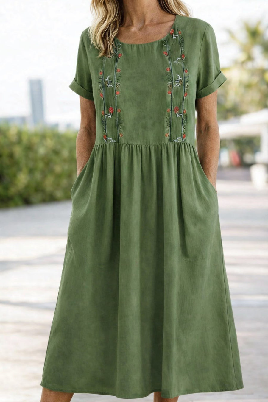 Carvena Women's Linen Summer Dress Midi in Green