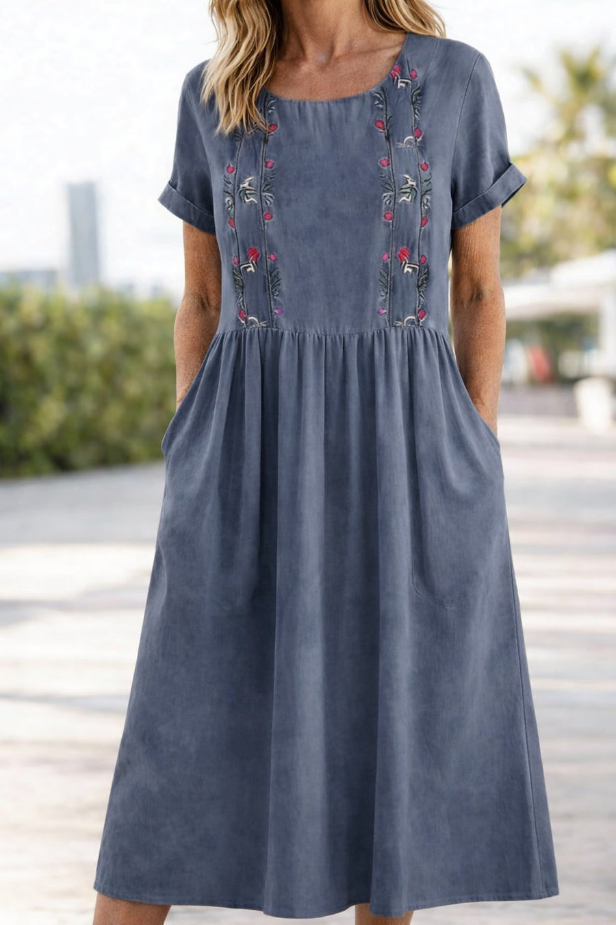 Carvena Women's Linen Summer Dress Midi in Navy Blue