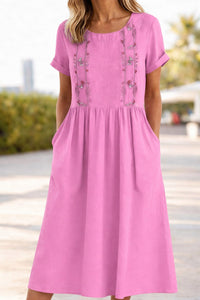 Carvena Women's Linen Summer Dress Midi in Pink
