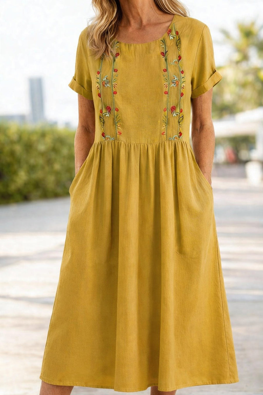 Carvena Women's Linen Summer Dress Midi in Yellow
